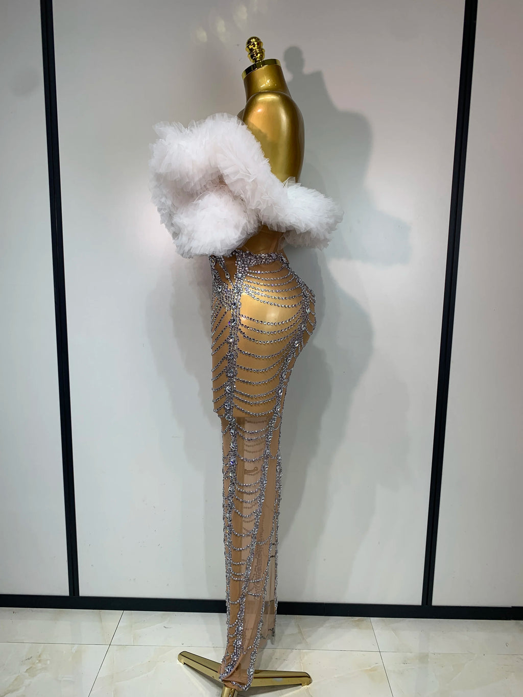 White Fluffy Luxurious Rhinestone Bodycon Dress