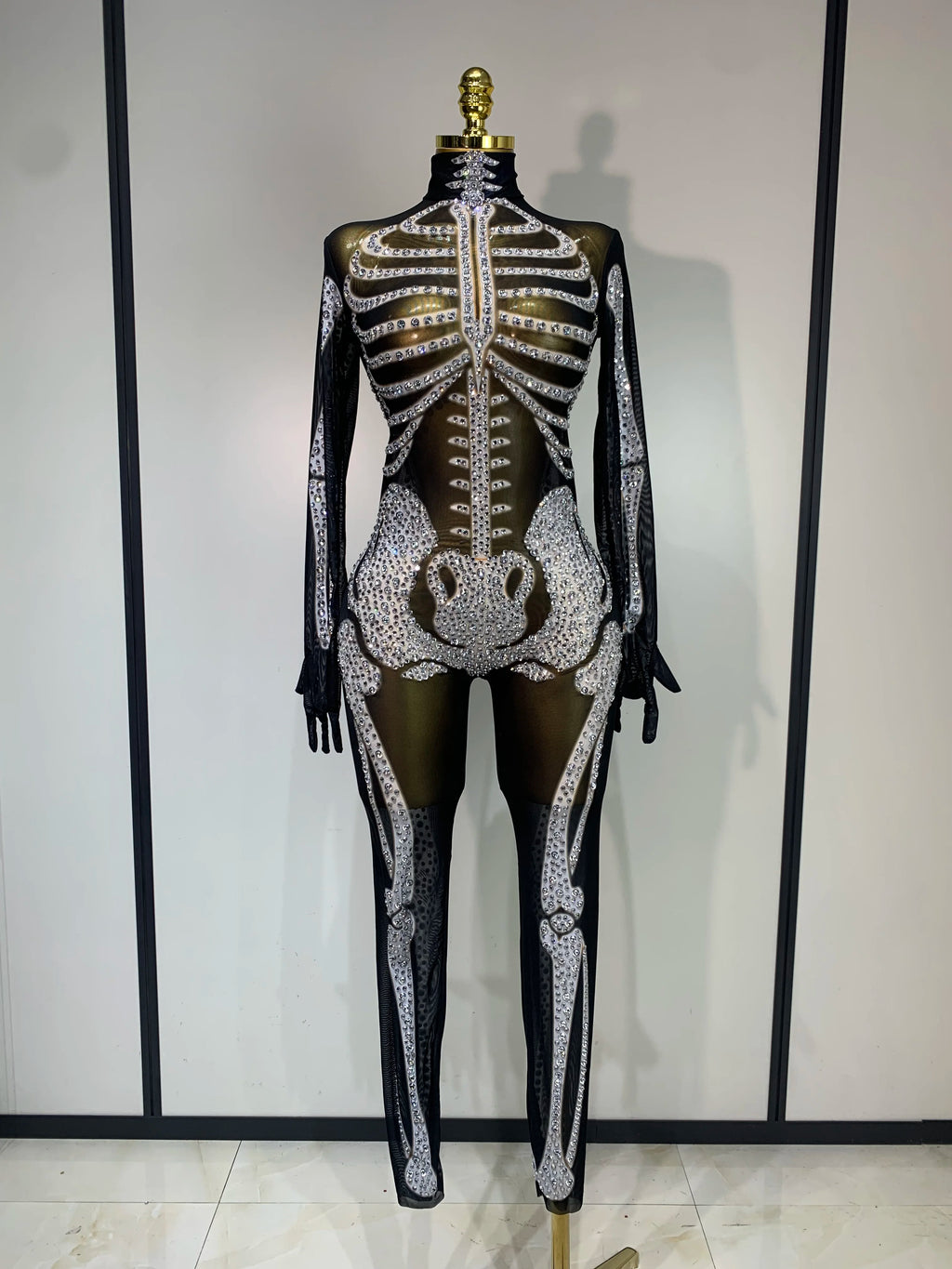 Skeleton Mesh Rhinestone Jumpsuit