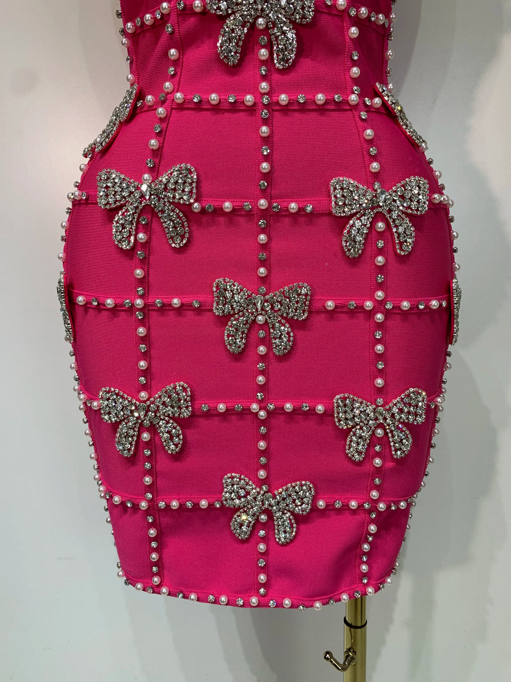 Pink Pearl Bow Rhinestone Dress