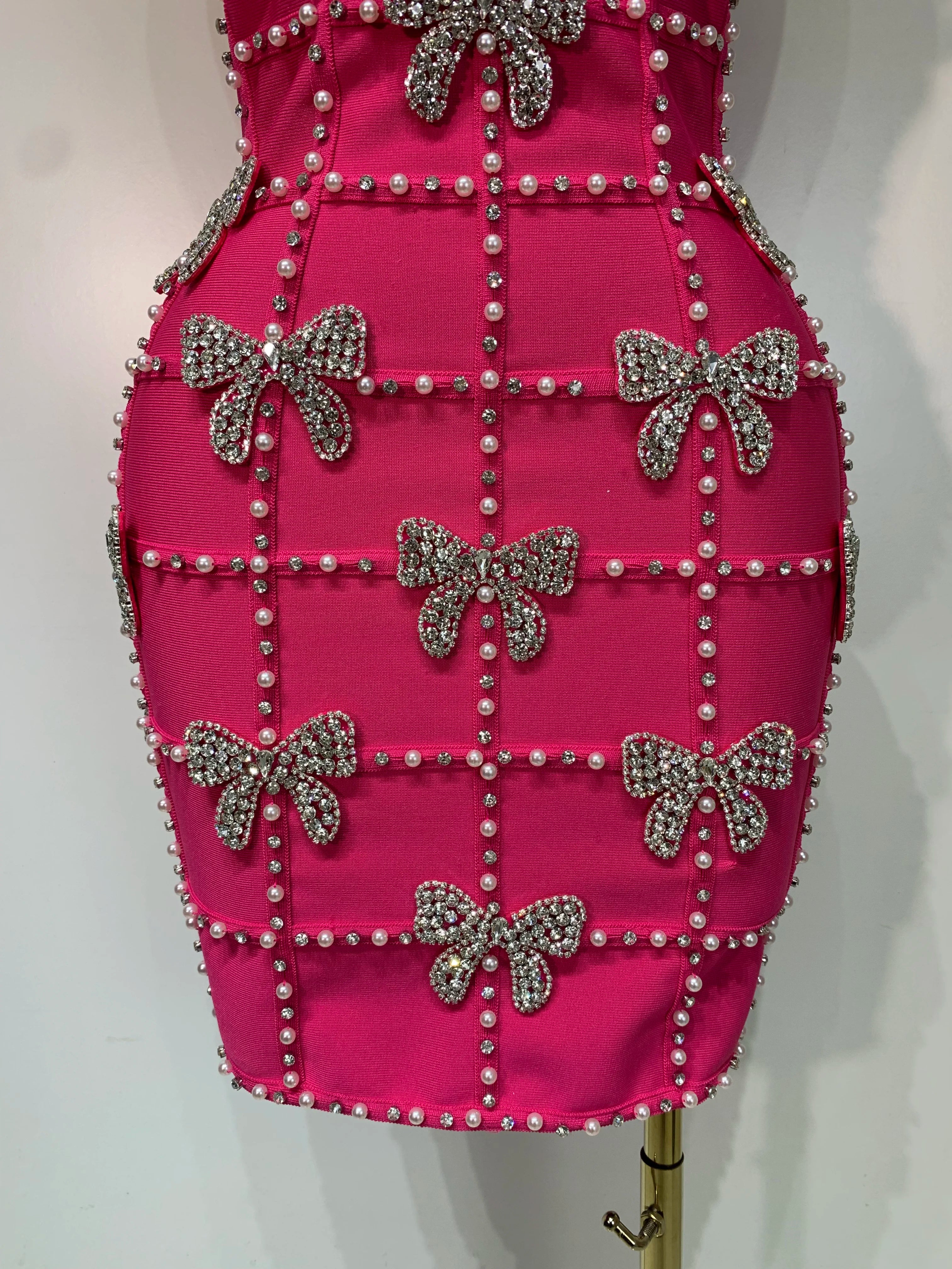 Pink Pearl Bow Rhinestone Dress