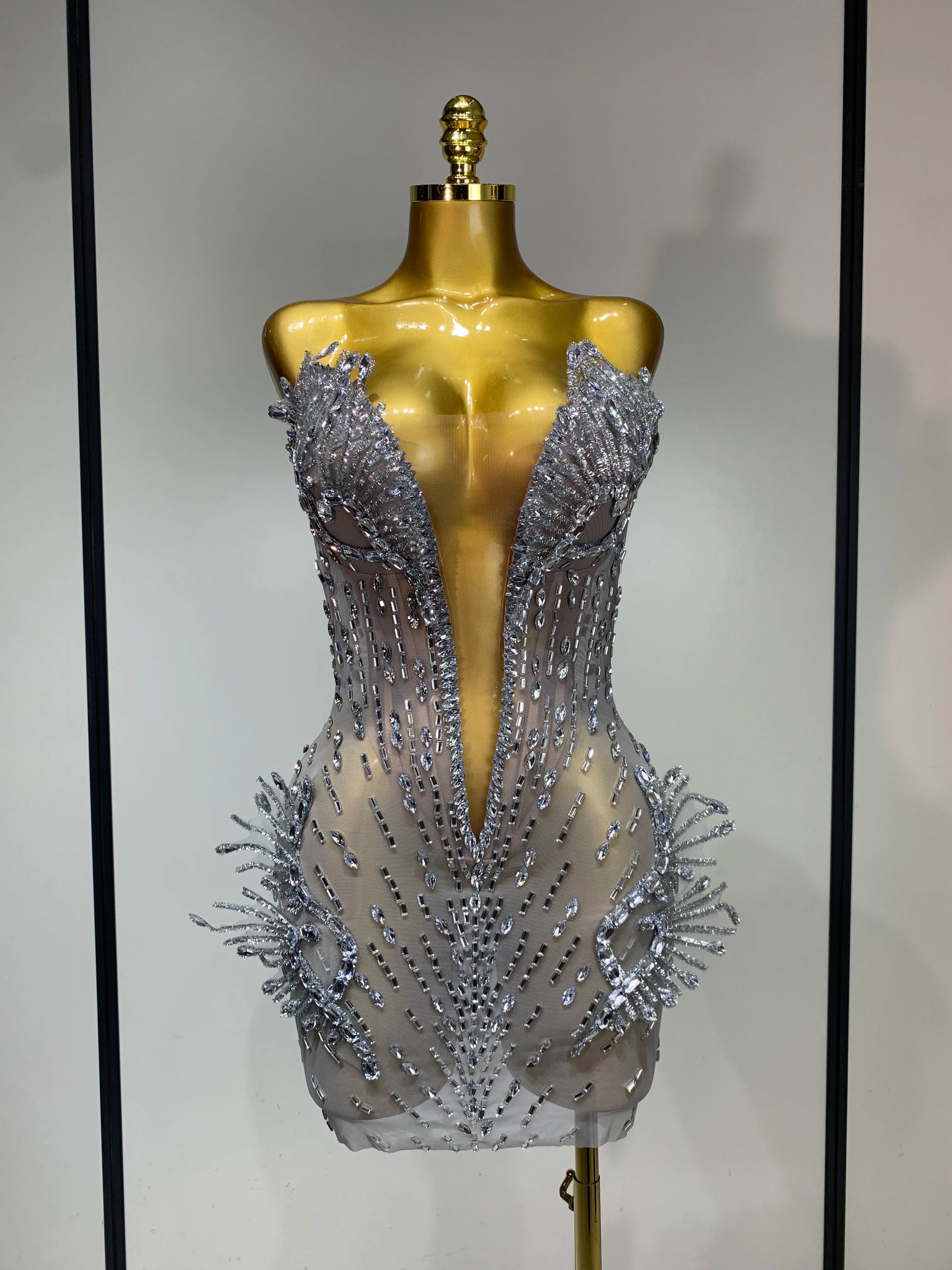 Luxury Silver Sparkly Diamonds Mini Dress