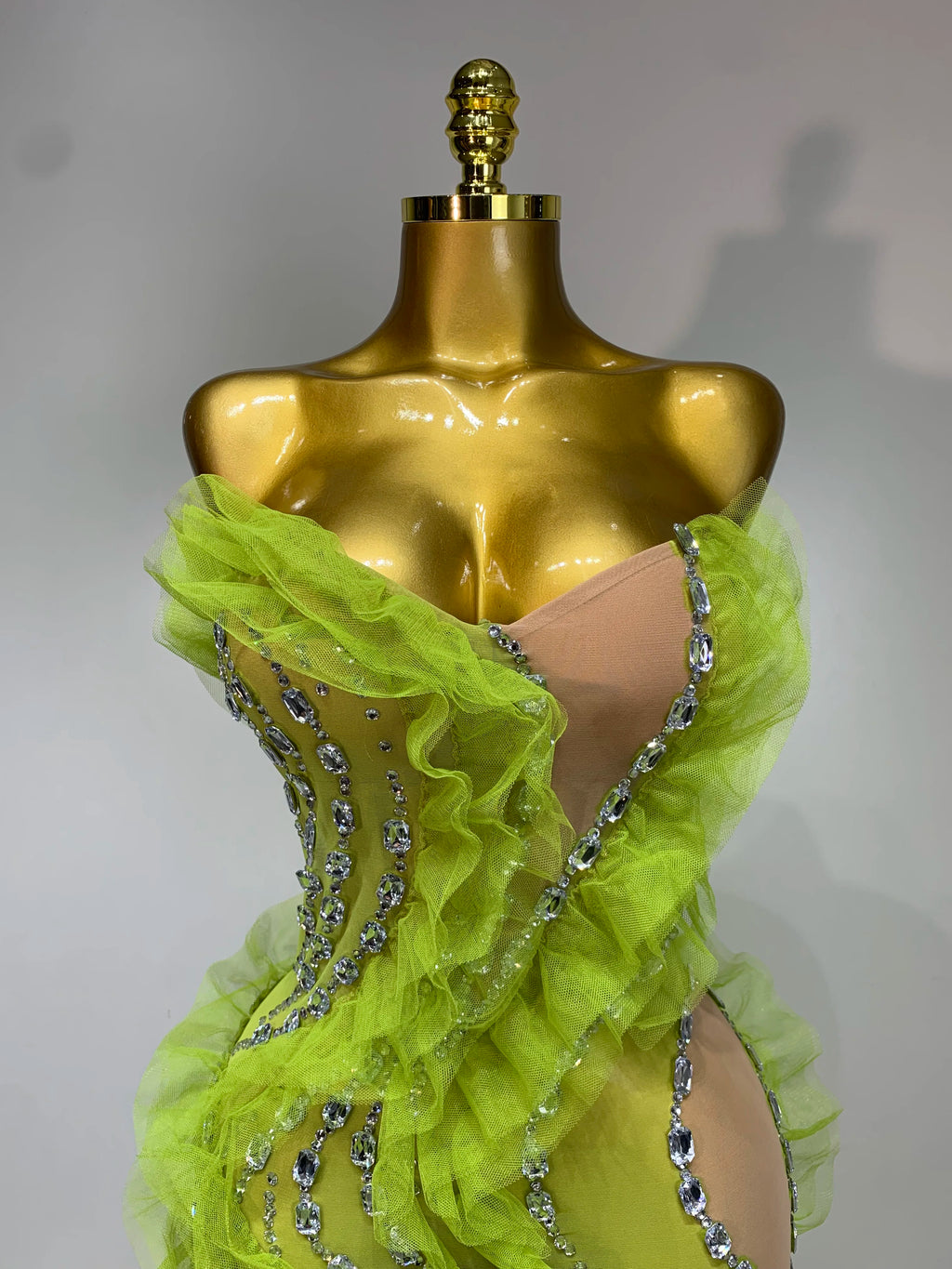 Luxury Sparkly Green Rhinestones Mesh Mini Dress