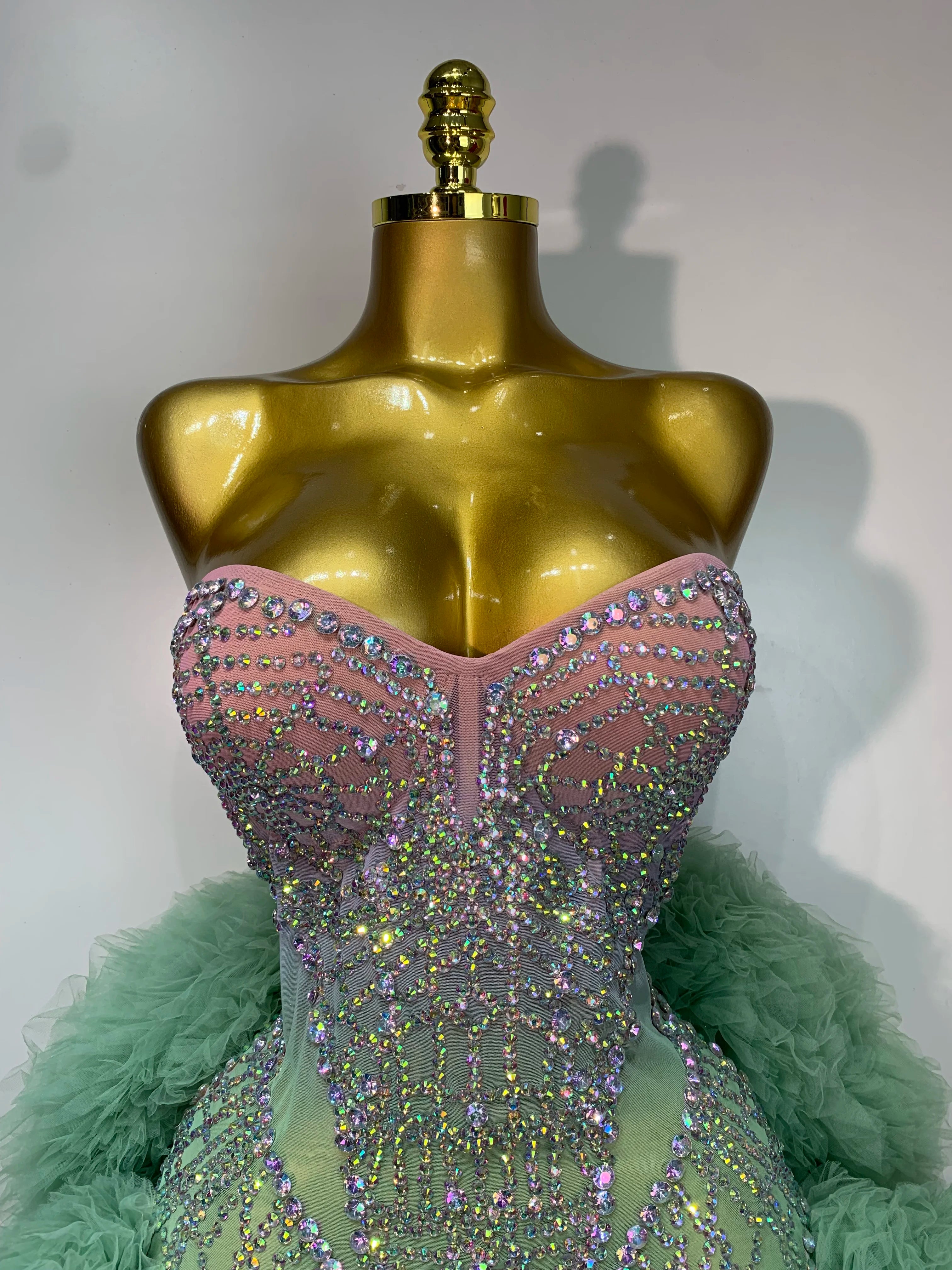 Green Pink Ombre Diamonds Mesh Dress