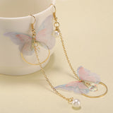 Hot Trendy Fairy Yarn Asymmetric Butterfly Long Earrings For Girl Ear Adornment Alloy Circle Rhinestone Pendient Jewerly