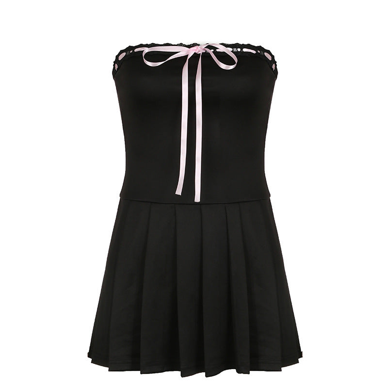 Pastel Goth Rope Tie Bow Waist Strapless Dress